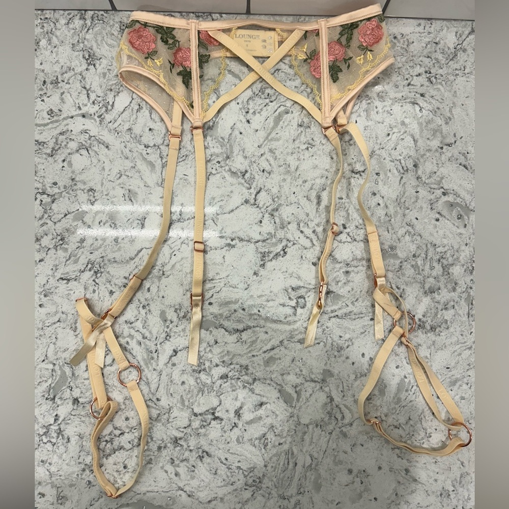 Lounge Skye Champagne Embroidered Floral Garter Belt Pink Lace Small honey